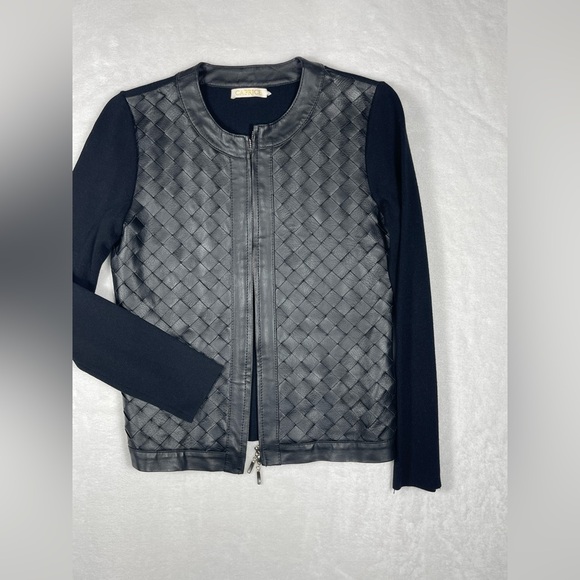 Black Woven Leather Jacket with Knit Sleeves - Picture 2 of 9